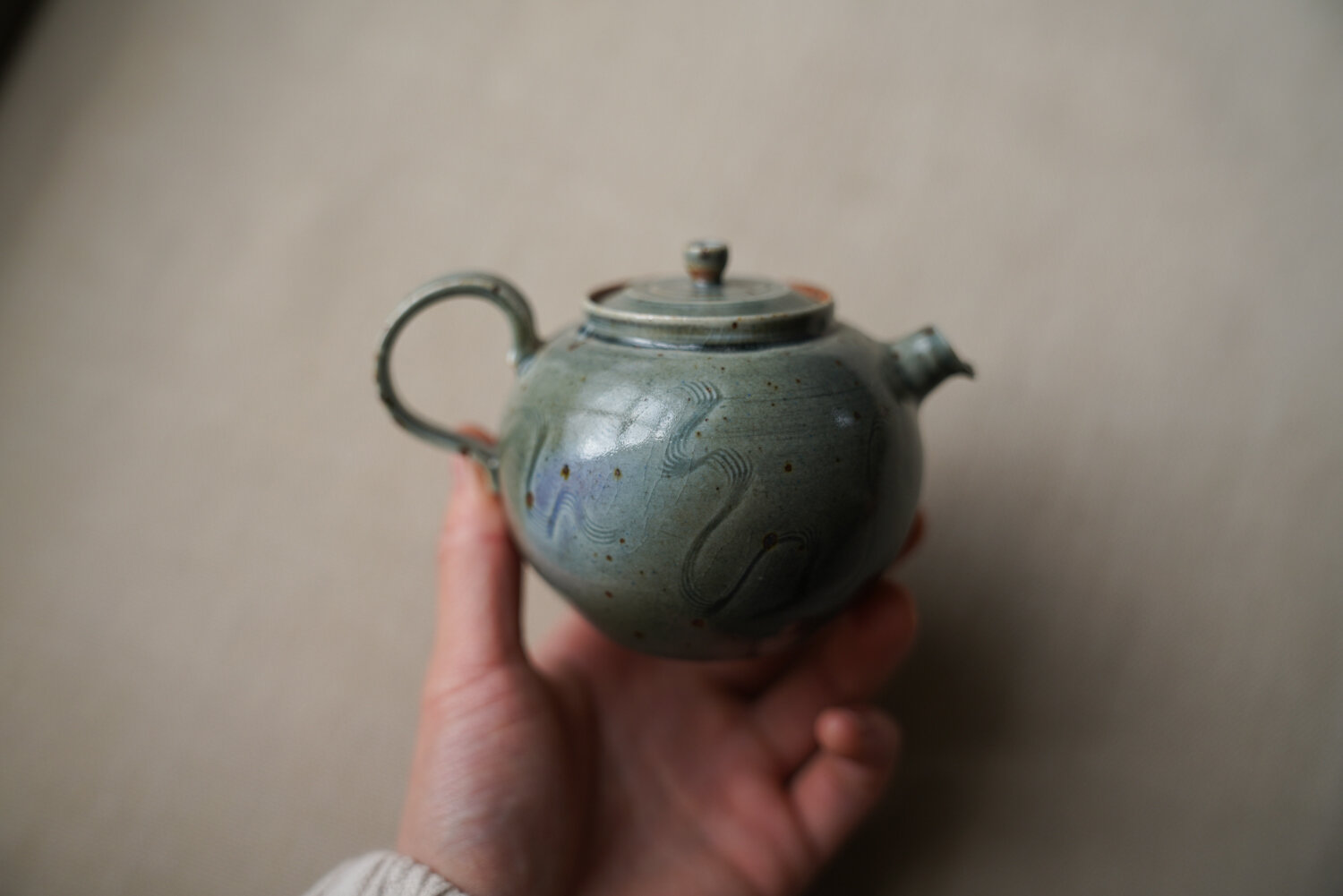 Handmade Olive Green Waves Teapot
