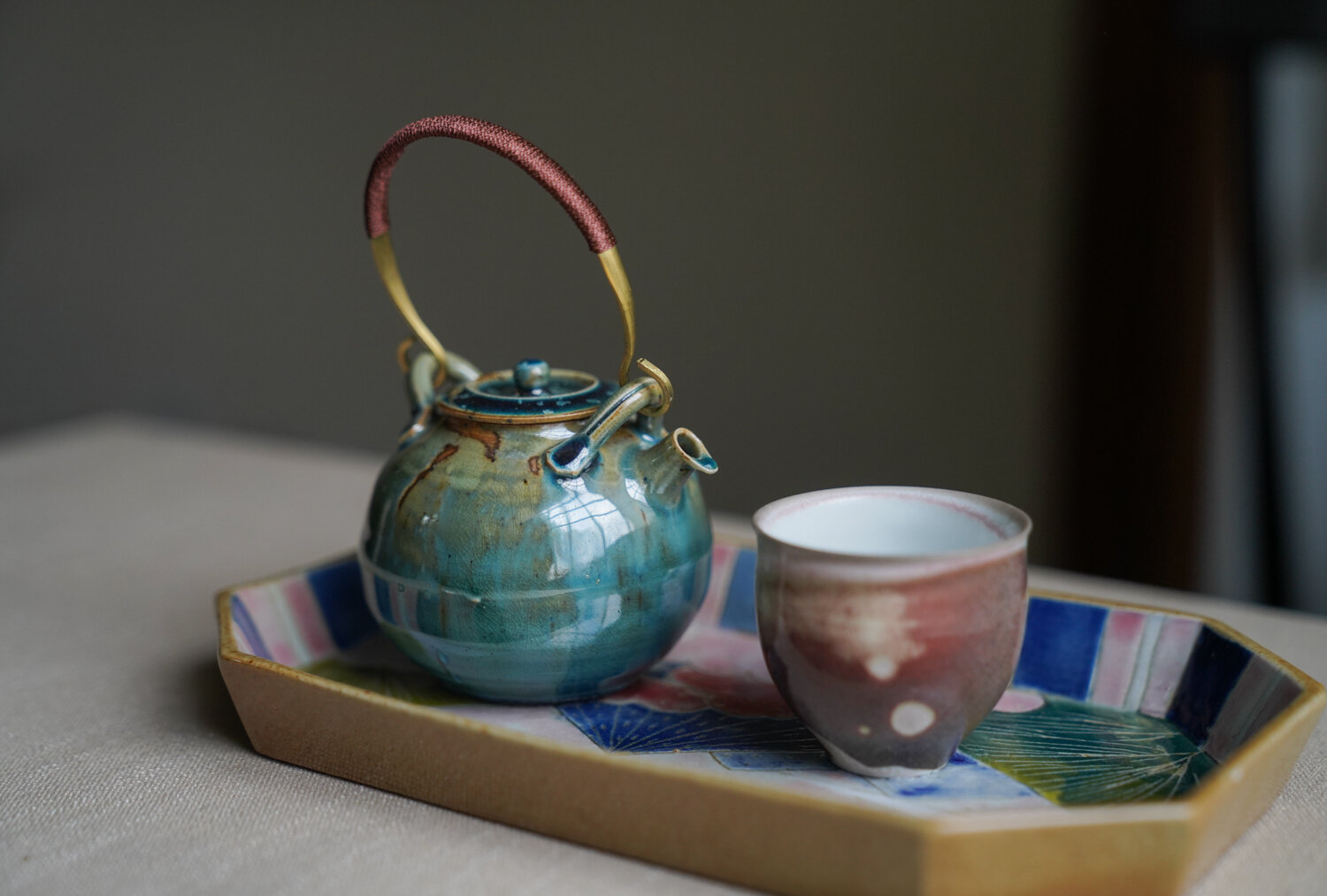 Handmade Teal Overhead Handle Teapot