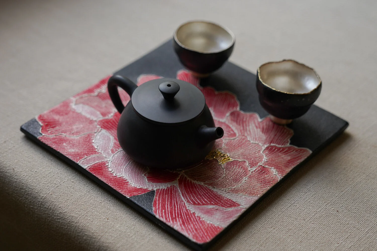 Hand-painted Square Red Peony Tea Tray