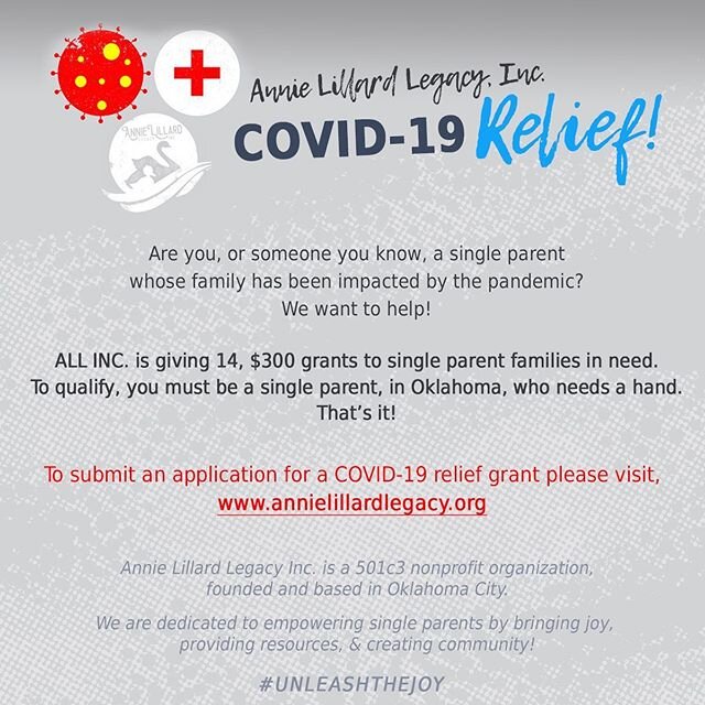 Our newest program, COVID-19 Relief, is live on our website! We are accepting applications now!
.
If you or someone you know is a single parent in Oklahoma, whose family has been impacted by the pandemic, and could use a hand... You qualify!
.
Head o