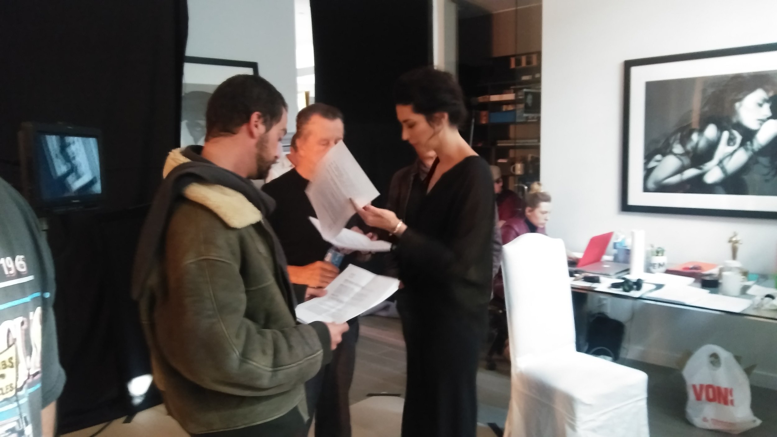 Director Stella Velon, Producer Jean Gabriel Kauss and 1st AD Karim Nabil on the set of 'The Critic'