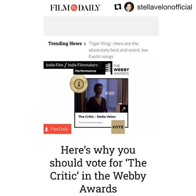 Vote for us in @thewebbyawards ! Help us win the coveted #peoplesvoiceaward ! Link in bio ⬆️⬆️⬆️ #Repost @stellavelonofficial with @get_repost
・・・
Thanks for this fantastic feature @filmdailynews !!! Vote for us in the 2020 @thewebbyawards by MAY 7! 