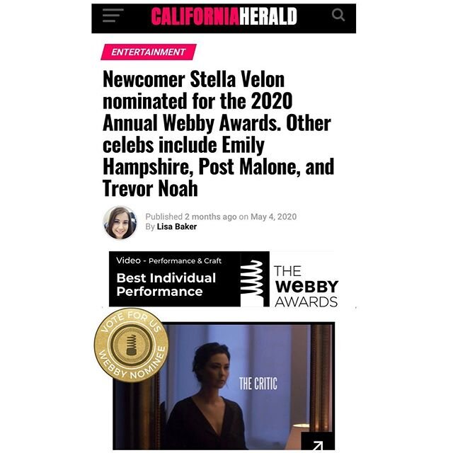 Some recent press from our latest nomination in the 2020 @thewebbyawards for Best Individual Performance @stellavelonofficial

Thanks for the great articles #californiaherald #theamericanreporter #filmdaily and more. Read more &uarr; #linkinbio 
It w
