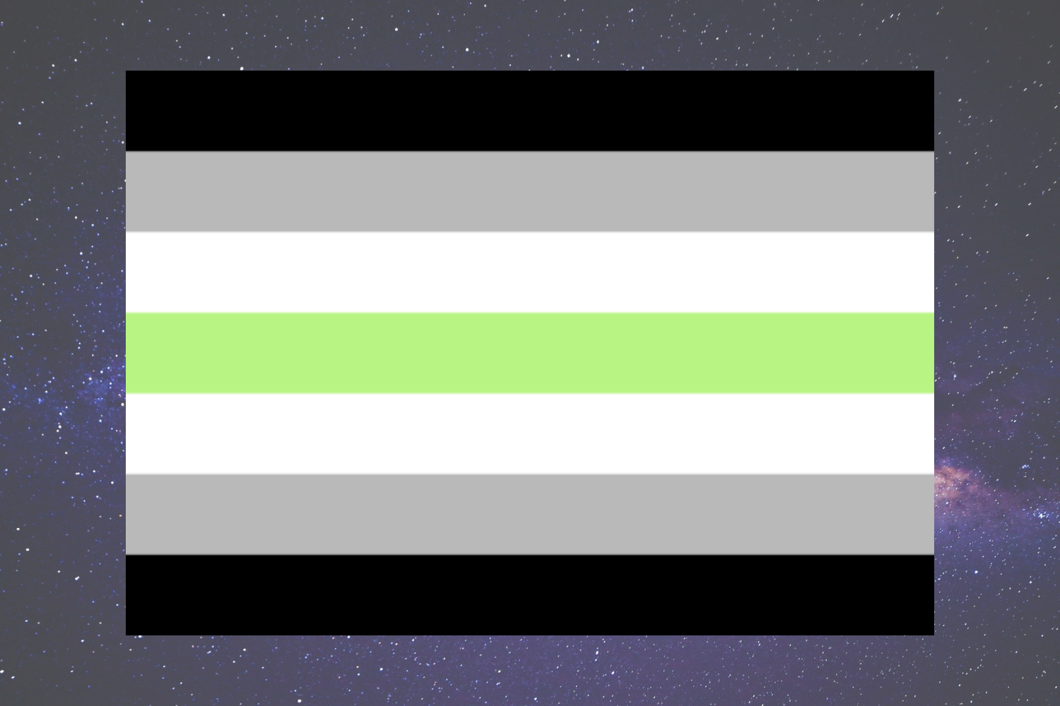 The Agender Flag - A flag with 7 horizontal stripes: two black stripes on the top and bottom, two grey stripes one step closer to the center, two white stripes on top and below a green stripe through the middle. The black and white represent agender experiences, the grey represents demi-agender experiences, and the green represents agender being a part of the wider non-binary community as those who identify outside of the binary gender spectrum.