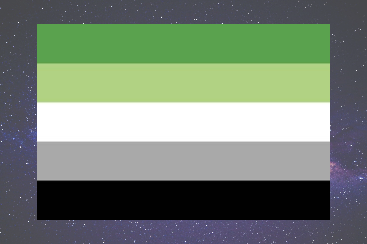The Aromantic Flag -  A flag with 5 horizontal stripes: top to bottom: dark green, light green, white, grey, and black. The greens represent the spectrum of aromantic experiences. The white, grey, and black representing the sexual identities of individuals within the aromantic spectrum.