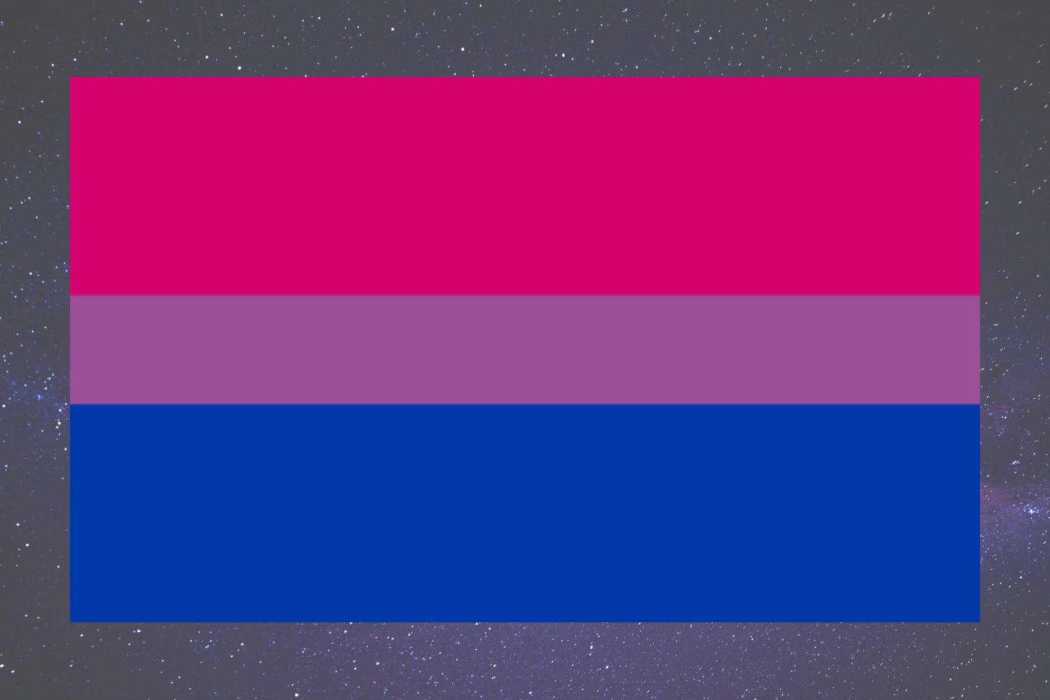 The Bisexual Flag - A flag with three horizontal stripes: top to bottom: magenta, deep lavender, and medium-dark blue. The magenta represents same-gender attraction, the blue represents ‘opposite’-gender attraction, and the purple represents attraction to genders that might not be easily defined as “same” or “opposite”.