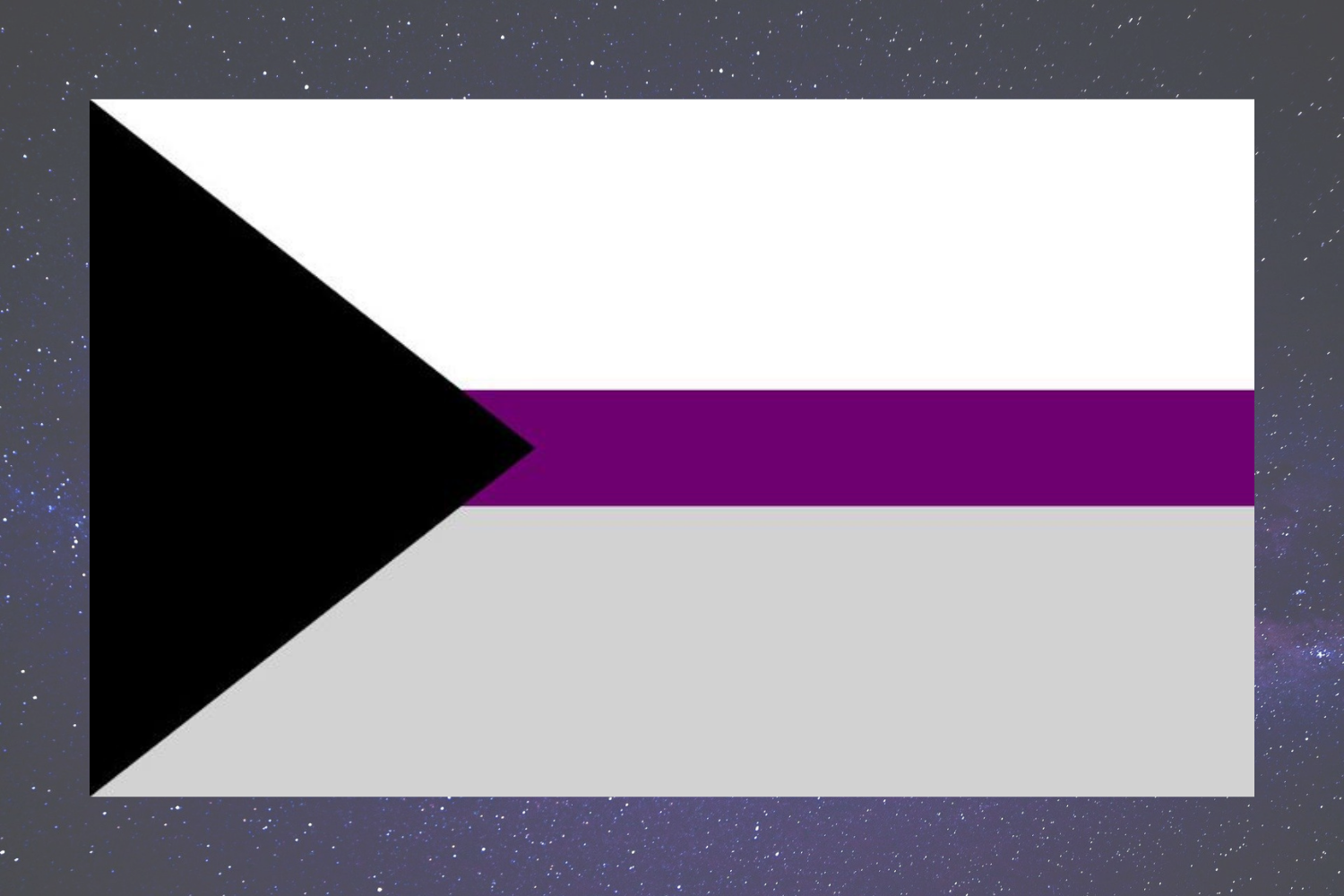 The Demisexual Flag - An adaptation of the asexual flag to specifically represent demisexual people. A flag with a black triangle on the left pointing toward the center with three horizontal stripes: top to bottom: white, dark purple, and grey. The black arrow represents the wider asexual community, the grey representing the grey-asexuality community, with the white representing sexuality and the purple representing community.