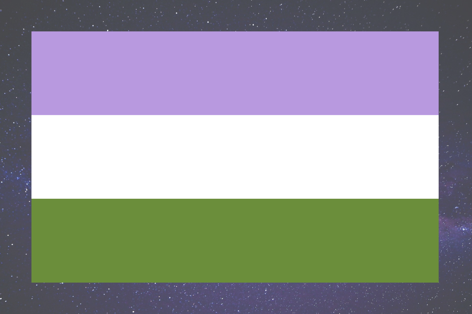 The Genderqueer Flag - A flag with 3 horizontal stripes: top to bottom: lavender, white, and dark chartreuse green. The lavender represents the mixing of masc and femme to represent people who align with a binary gender spectrum. The white represents those who are agender or gender neutral. The green represents those who identify outside of the binary gender spectrum.