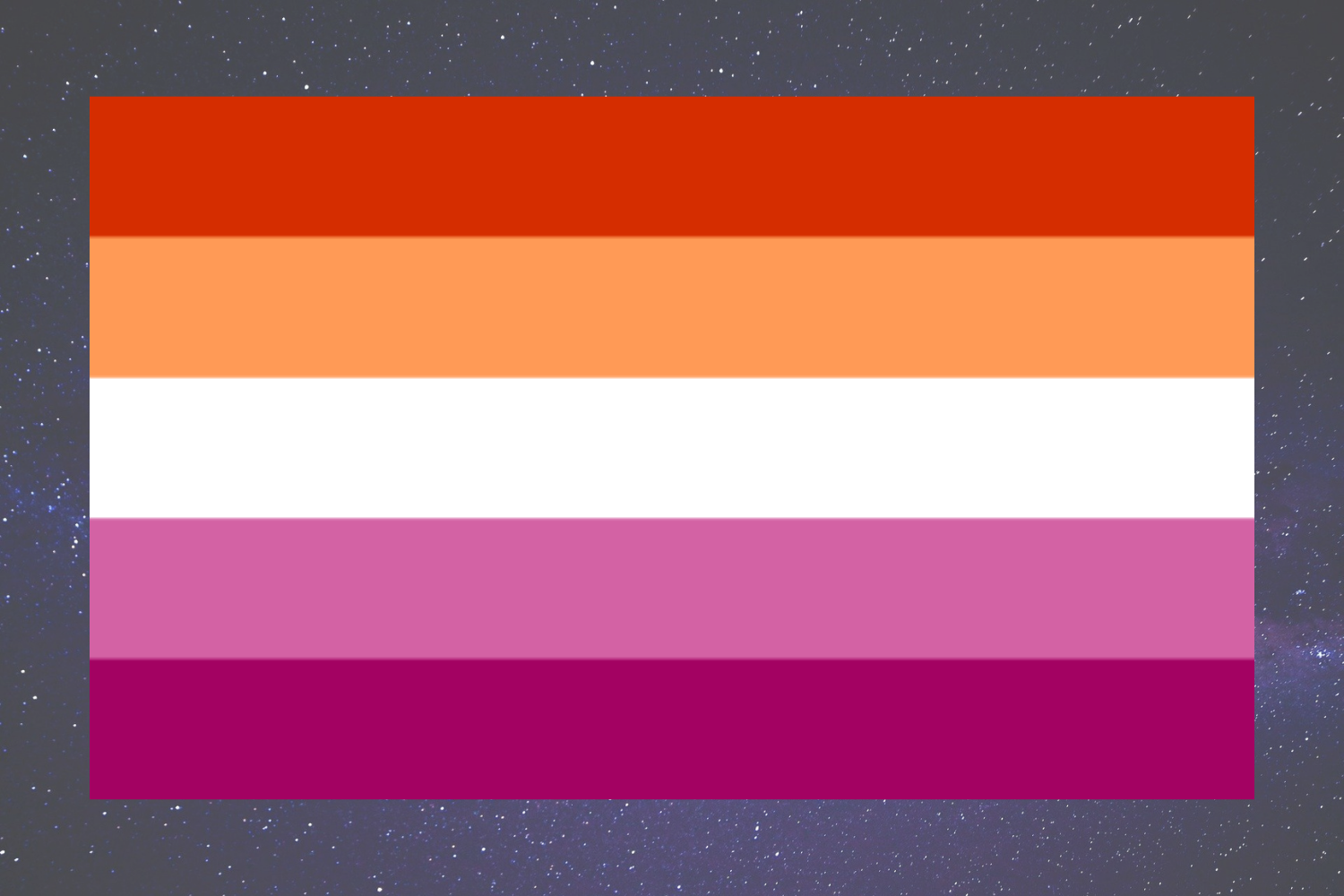 The Lesbian Flag - A flag with 5 horizontal stripes: top to bottom: dark orange, light orange, white, light pink, dark pink. The dark orange represents gender non-conformity and individuality. The orange represents community. The white represents womanhood, as all lesbians are connected to womanhood in some way. The light pink represents serenity and peace. The dark pink represents sex and love. The orange and pink can also be seen to represent butches and femmes respectively.