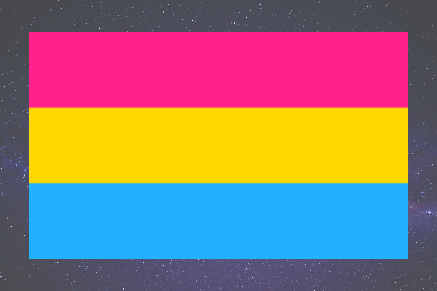 The Pansexual Flag - A flag with 3 horizontal stripes: top to bottom: pink, yellow, and blue. The pink represents attraction to women. The yellow represents attraction to nonbinary folks. The blue represents attraction to men.