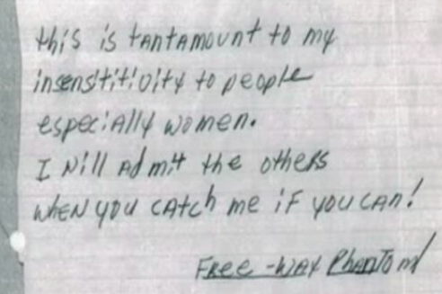 The note taunting police which was discovered in Brenda Woodward’s pocket (source: Murder Squad podcast website).