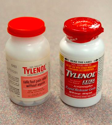 A bottle of Tylenol pre-poisonings (left) and post poisonings (right)