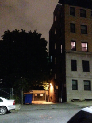Street view dumpster on Boylston Place where Karina’s body was discovered.