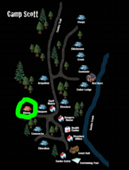 A map of Camp Scott - circled in green is Kiowa unit. (Source: http://www.abandonedok.com/camp-scott/)