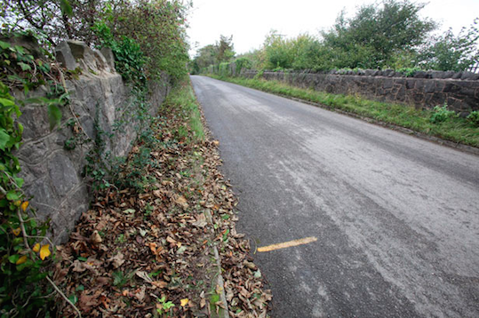 Longwood Lane, which was covered in snow when Joanna’s body was found. The yellow marker on the road indicates where the body was found on the verge (source: The Telegraph)