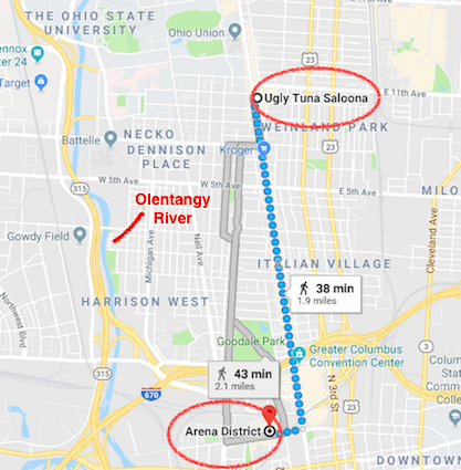 Map of the area where Brian and Clint went bar-hopping that night. The search for Brian would later include the Olentangy River, which runs adjacent to High Street.