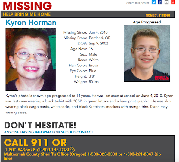 Kyron’s National Centre for Missing and Exploited Children poster with age progressed photo (14 years old) (source: NCMEC)