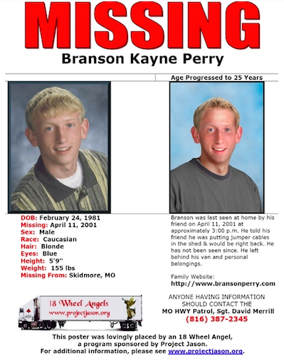 Missing poster for Branson with age progression to 25 years.