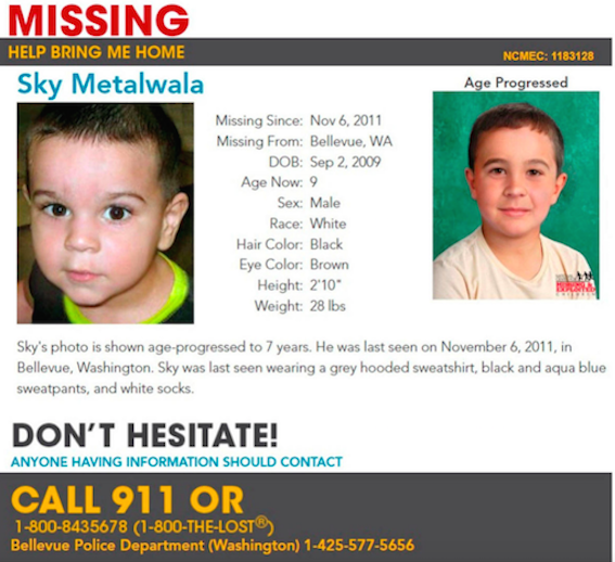 Sky’s NCMEC Missing Persons poster from 2018. The photo on the left is Sky aged 2. The photo on the right is what Sky would likely look like aged 7. (Source: Kirkland Reporter)