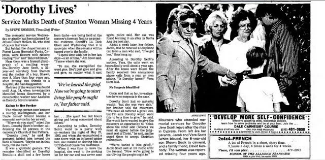 A Los Angeles Times article covering the memorial service for Dorothy (source: newspapers.com)