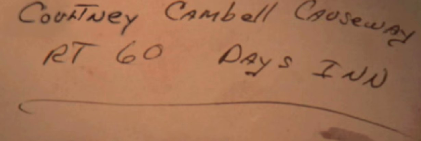 The directions to the Days Inn motel written by the unknown individual, on the Rogers’s brochure (source: Wikipedia)