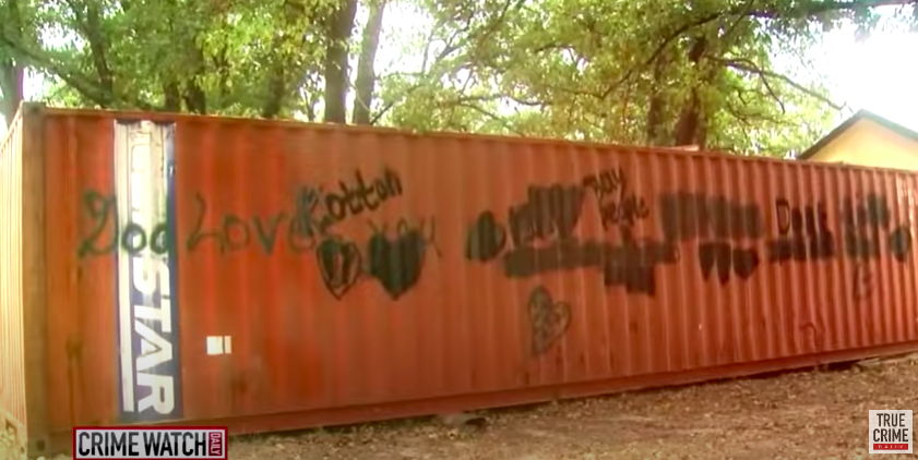 The storage container Sherilynn drew graffiti on, which the family planned to live in (source: Crime Watch Daily)