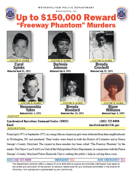 Reward Poster for Freeway Phantom victims (source: Metropolitan Police Department of the District of Columbia, Public domain, via Wikimedia Commons)