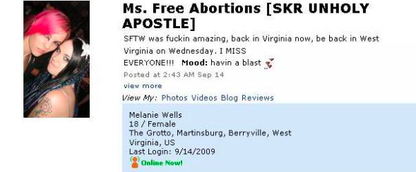 Melanie’s final MySpace status (source: MySpace)