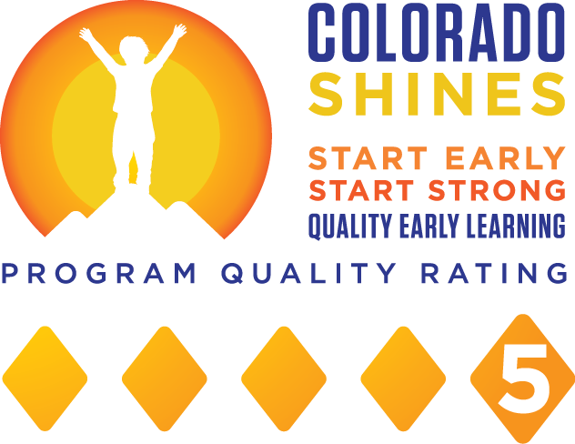 Graphic celebrating achievement with a silhouette of a person with raised arms, a rising sun, and bold text with the number 5 in the bottom right corner. Colorado Shine Level 5 Award for Castlewood Community Preschool in Douglas County.