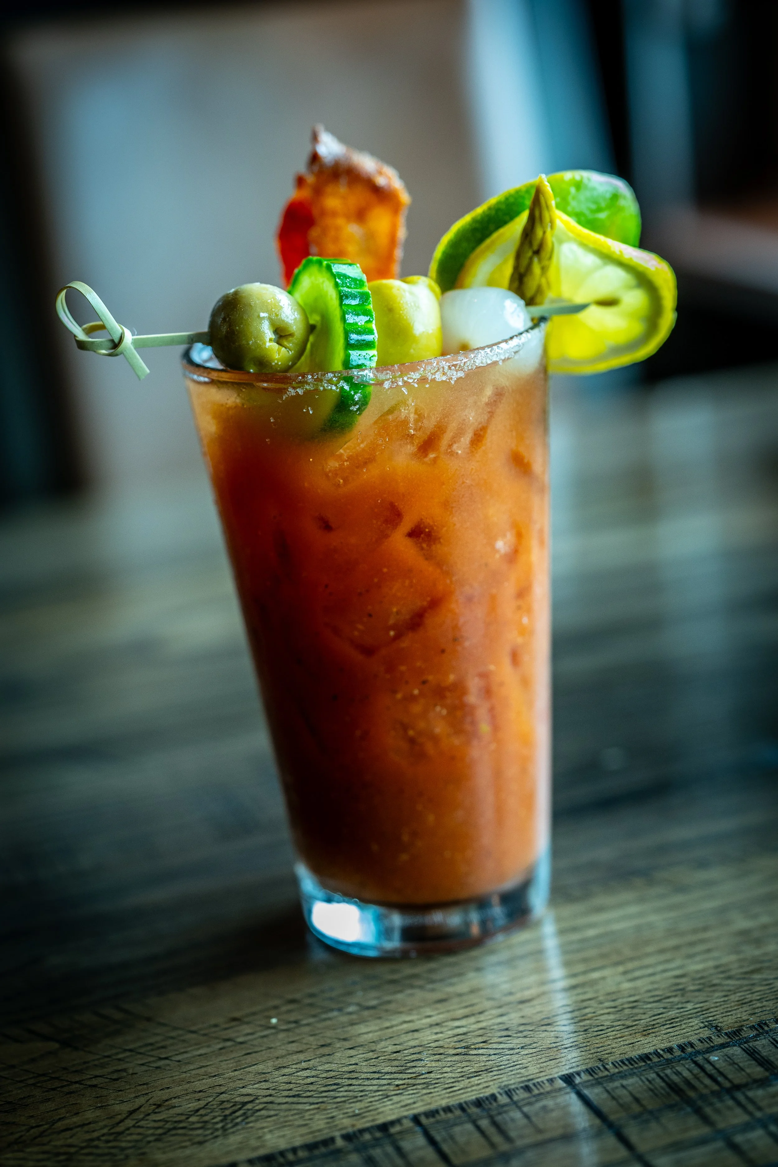 all bloody mary’s are loaded with candied bacon, pickled asparagus, blue cheese olive, green olive, cocktail onion, lemon, lime