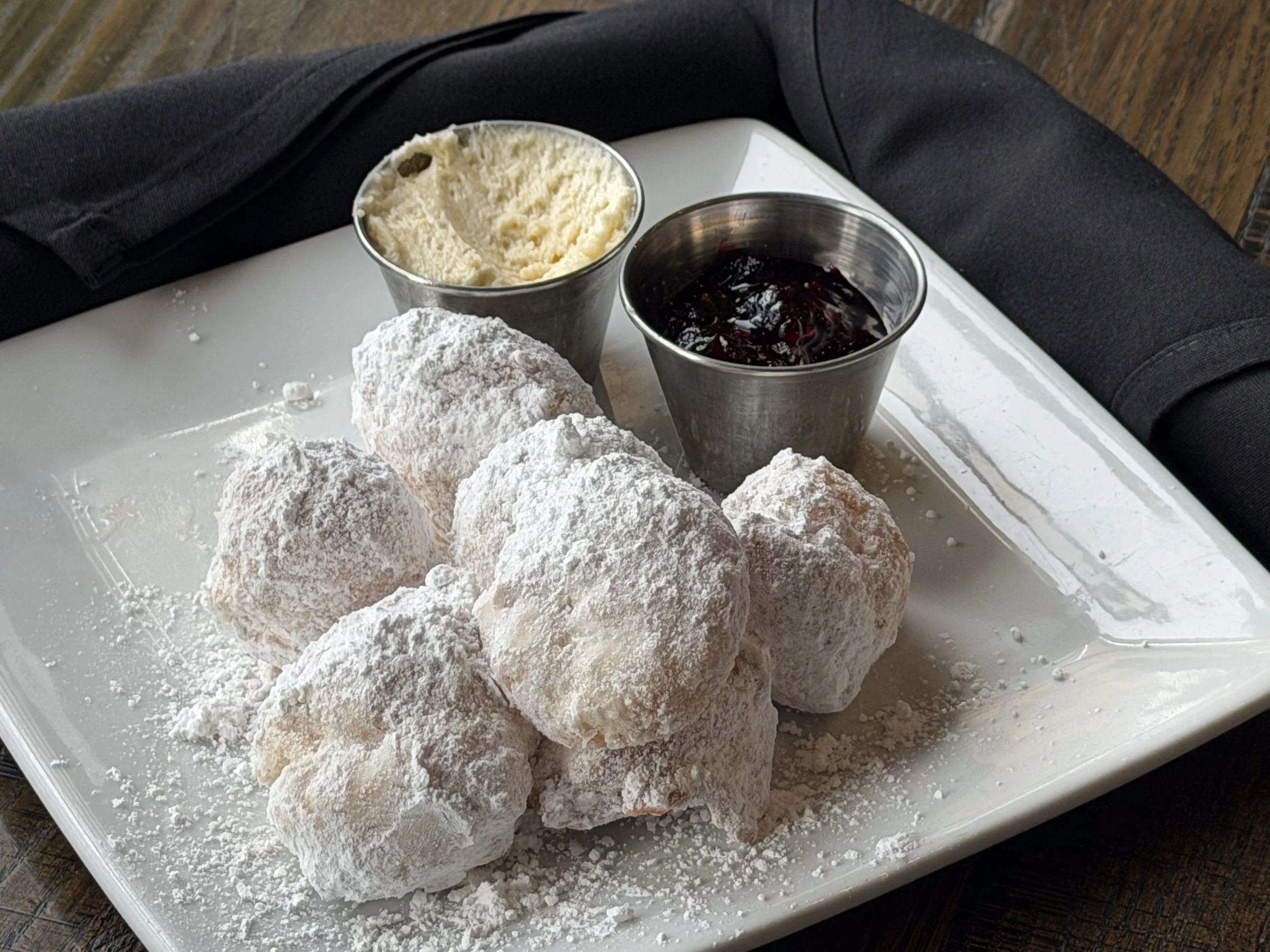 house-made fluffy pastry, powdered sugar, lemon mascarpone mousse, wild berry jam