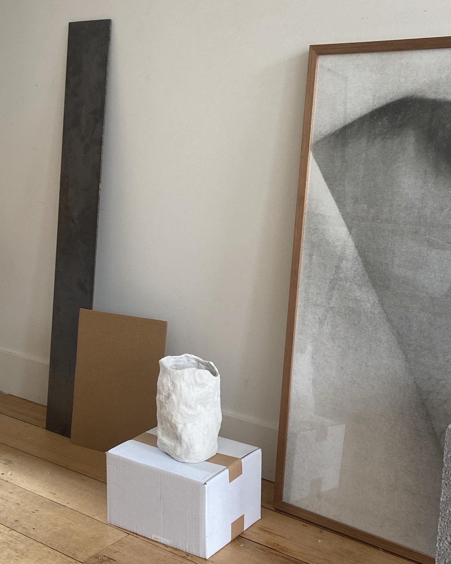 Untitled, 2020, Cardboard box, ceramic vessel, steel beam, siliver-gelatin print