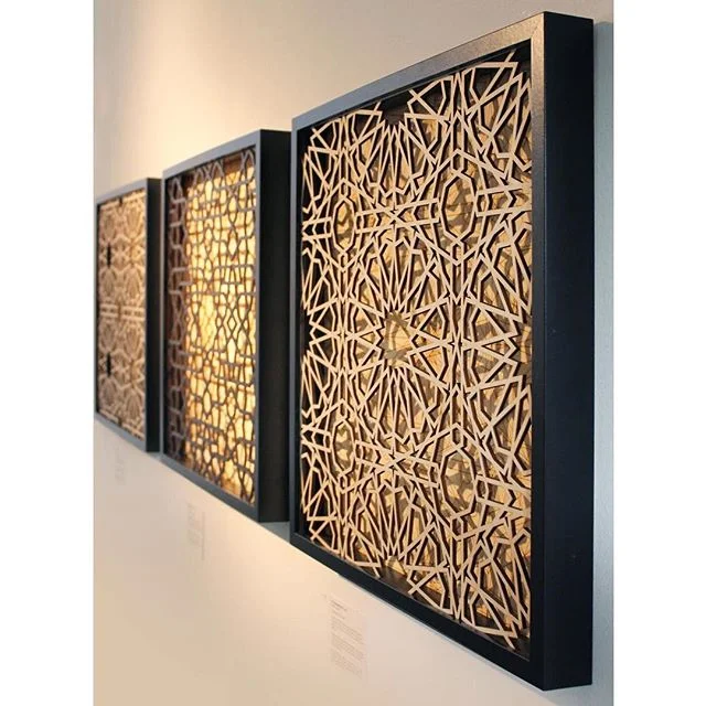 Salaam and Jummah Mubarak to all! .
Today’s artist in the spotlight is Sara Choudhrey @saara_0_0 .
The beautiful laser etched pieces are a perfect marriage of contemporary methods & materials with traditional design. Swipe for more details. .
2nd image shows:
.
Al Jaqmaqiyya II 2018
Sara Choudhrey
Laser etched and cut wood
Inspired by the principle of making knowledge accessible for all, Al Jaqmaqiyya I and II provide the viewer with a dual level insight into the construction methods used in traditional Islamic geometry.
Using a pattern found upon the stone mihrāb of the 15th century Al Jaqmaqiyya Madrassa in Damascus, Syria, the 16-fold pattern conveys the significance of individual shapes contributing to larger compositions.
In this contemporary rendering, the hidden structure is made visible for the viewer to share the experience of proportional geometry, encouraging their engagement through the use of depth, shadows and alignment.
.
.
3rd image shows:
.
Maryam Zamani I 2018
Sara Choudhrey
Laser etched and cut wood
The geometric patterns in this series reference decorative art from historic architectural sites in Syria and Pakistan, some in ruins or in the process of restoration. By bringing this subject to the fore, questions can be raised regarding our interactions and responses to changing spaces.
The Maryam Zamani Masjid in Lahore, Pakistan, is one of the earliest Mughal mosques built. A masjid with a significant and tumultuous history, it is currently undergoing restoration of its vast fresco-covered surfaces. The masjid is still in use by local residents and able to serve its purpose but only whilst a value for its form and function is retained.
.
.
.
#creativemuslimwomen #islamicgeometry #manifestingtheunseen #guestprojects #laser #sarachoudhrey #islamicart #londonartscene #geometricart