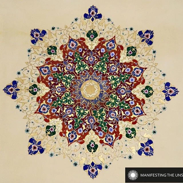 The next artist we would like to feature is Esra Alhamal. @islamicillumination
Both pieces shown are part of the exhibition. .
Please dm for sales enquiries. .
Inwards and Upwards 2018
Esra Alhamal
Mixed media including shell gold and natural pigments
This illumination is inspired by one of the domed ceilings inside the Imami Mosque in Isfahan, Iran.
It is a personal interpretation, with flowers and colours inspired by Autumn.
.
.
It Matters 2018
Esra Alhamal
Mixed media including shell gold and natural pigments
Art is by its nature a political act. In this piece, Esra reinforces this by using gold illumination to ‘shed light’ (literally and figuratively) on the Middle East and its people.
The background is a collection of news articles in Arabic, some of the stories discuss immigration, the outlook of Muslims in the West and the decline of tourism and reading in the Arab World.
.
.
#creativemuslimwomen #manifestingtheunseen #guestprojects #gilding #islamicillumination #tezhip #shellgold #naturalpigments #islamicart #esraalhamal