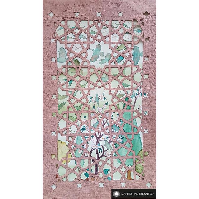 Today&rsquo;s featured artist is Shaheen Kasmani @shaheen.kasmani .
.
In the Hearts of Green Birds I  2018
Shaheen Kasmani

Watercolour, natural pigment and 23k shell gold on paper behind laser cut raw silk

Shaheen has been researching and reading a