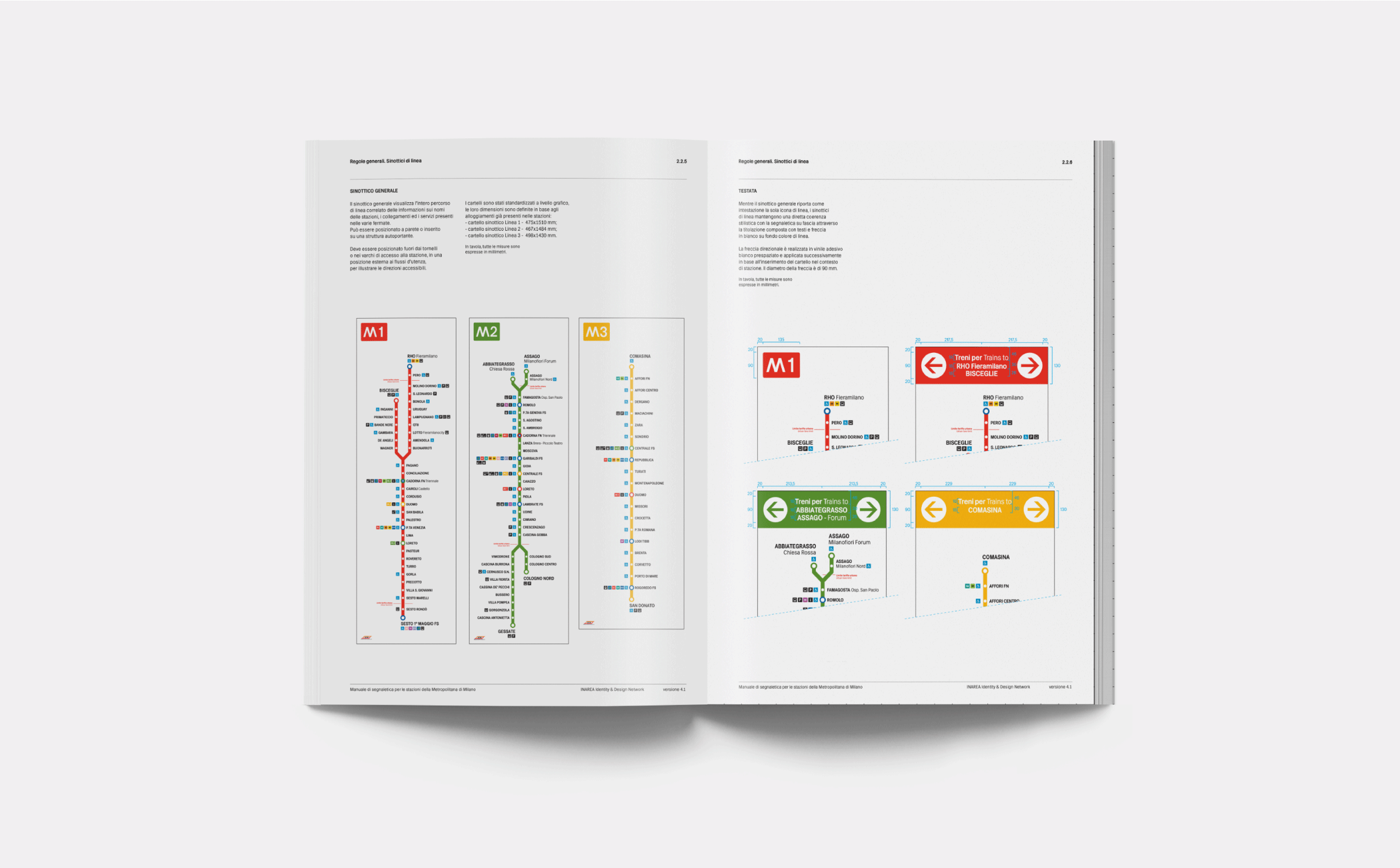  Metropolitana di Milano Graphic Standards Manual. Images depict the creation and development of synoptic signs for M1, M2 and M3 lines. Property of ATM (Azienda Trasporti Milanesi). 