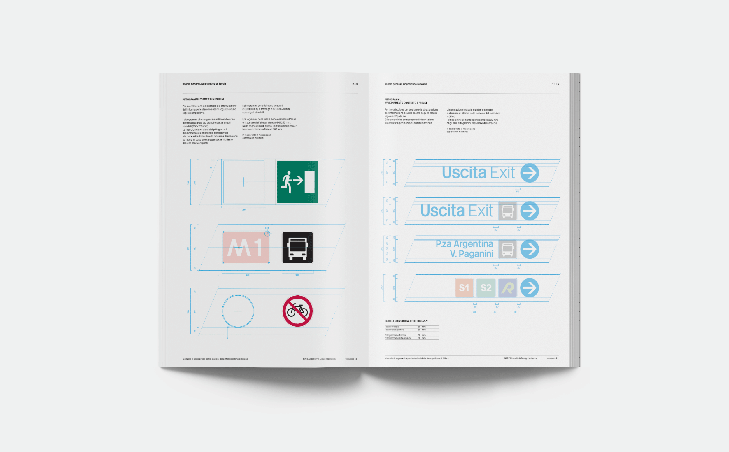  Metropolitana di Milano Graphic Standards Manual. Tables show the creation of signals and directional information sign families. 