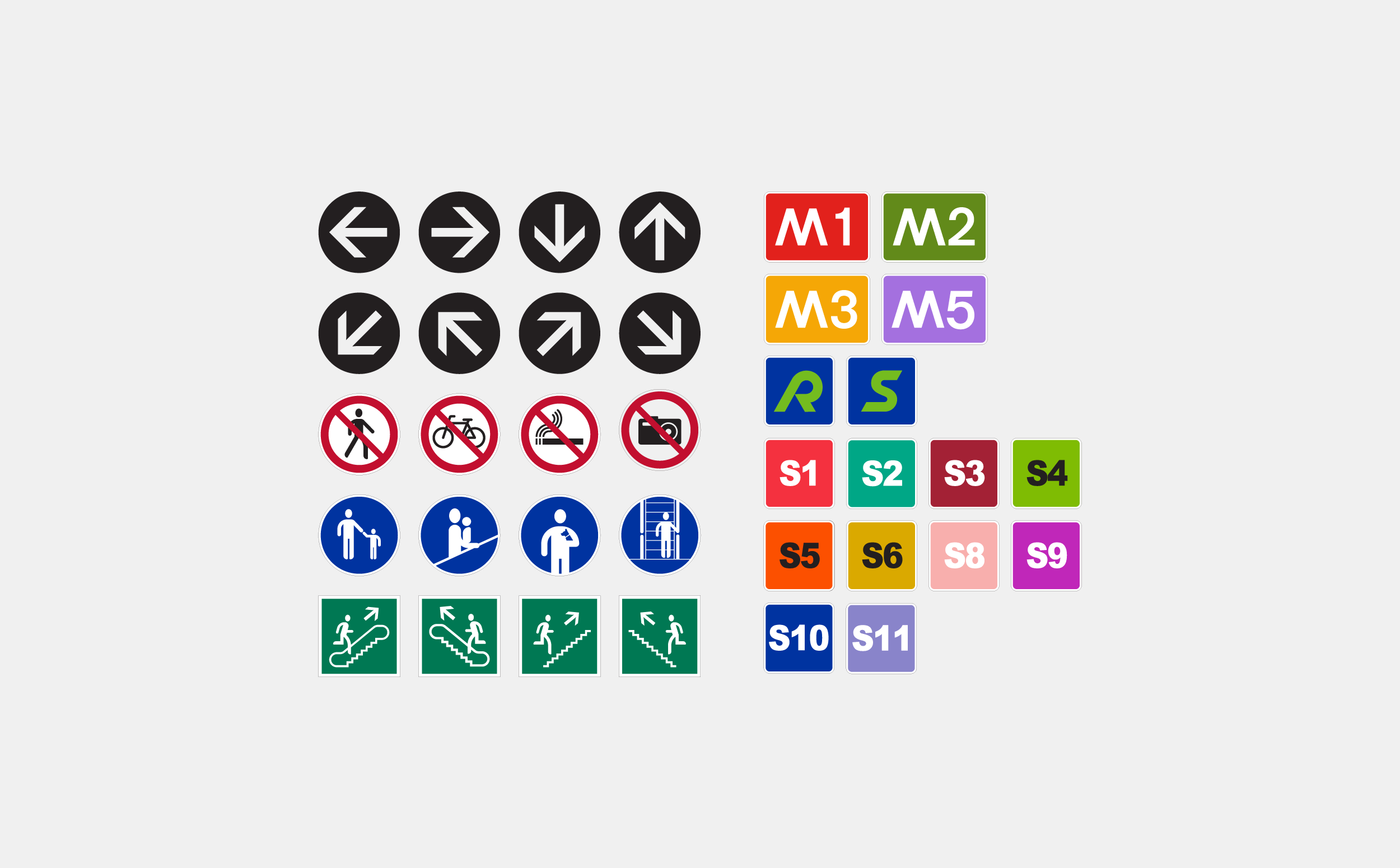  Directional, prohibitory, mandatory and emergency signs as well as symbols for local, suburban and regional transport. 