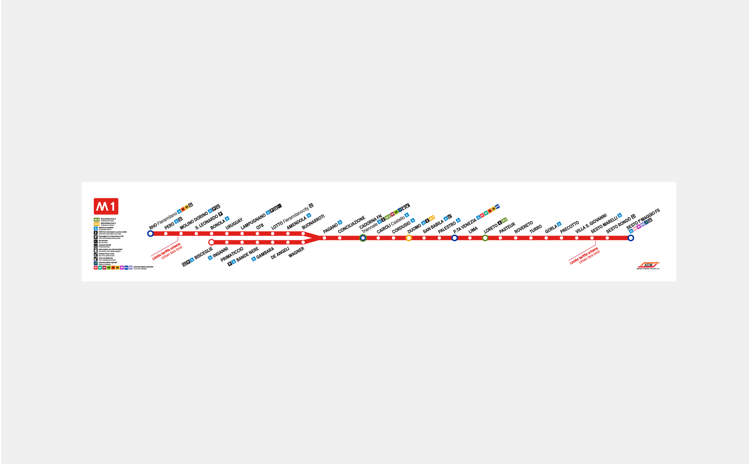  Horizontal subway map of the M1 line, displayed above the subway car doors. 