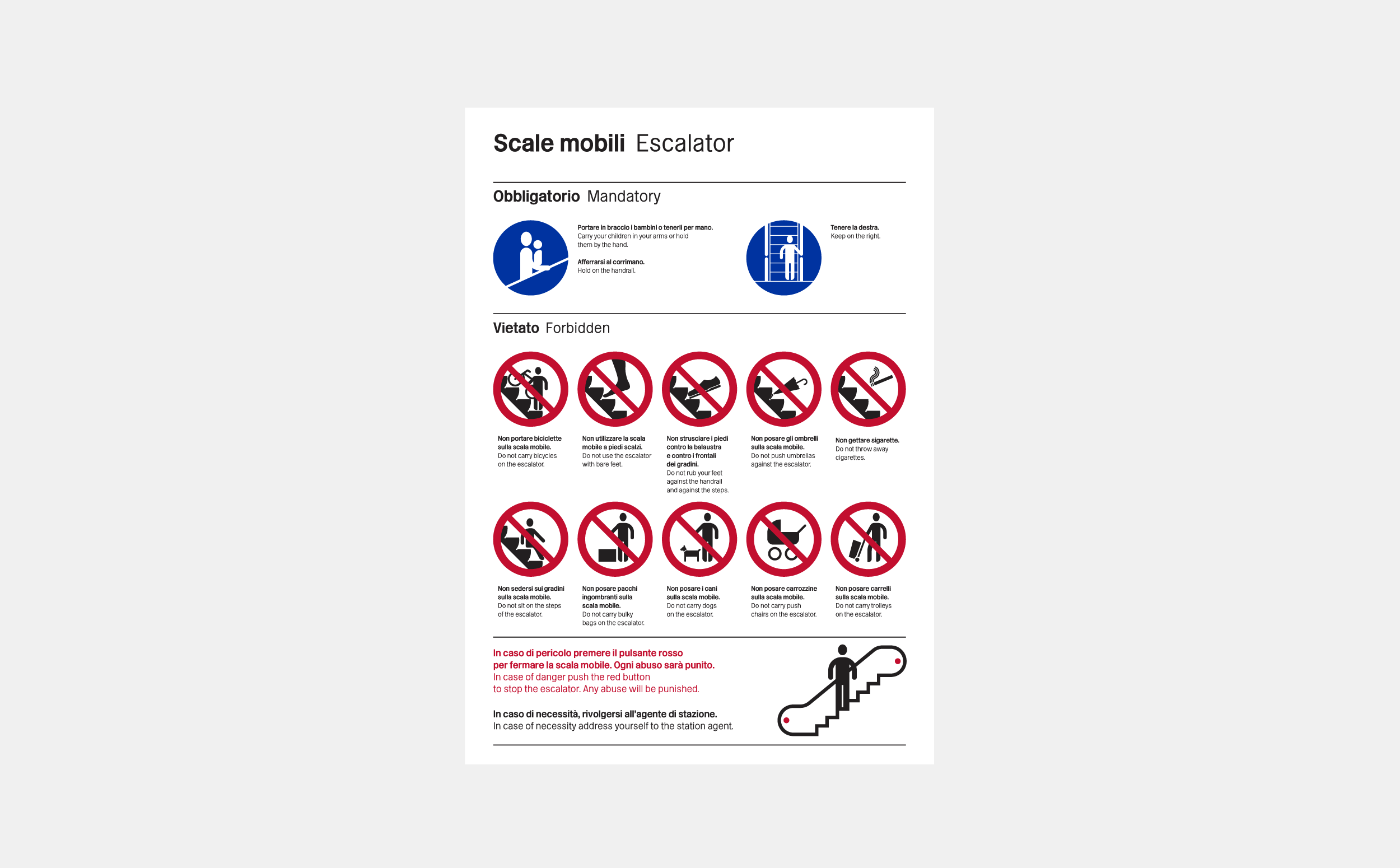  Sign depicting a number of mandatory and prohibitory signs related to use of the station escalators. 