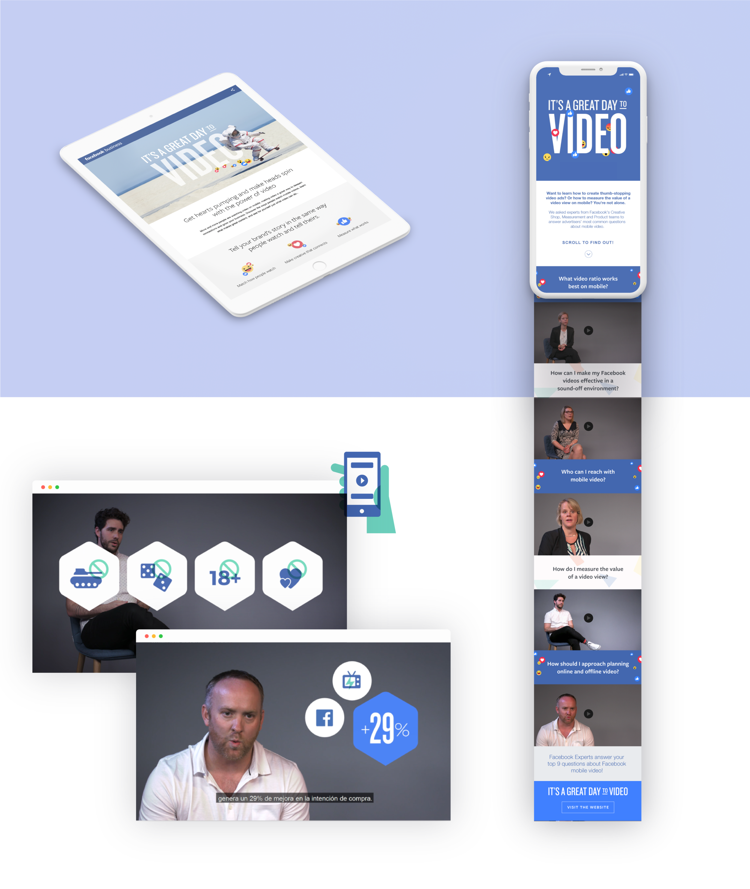  9 Views on Video: a Facebook educational campaign to debunk the false myths about video advertising, featuring interviews with inside Facebook experts. Design of dedicated campaign landing page. July, 2018. 