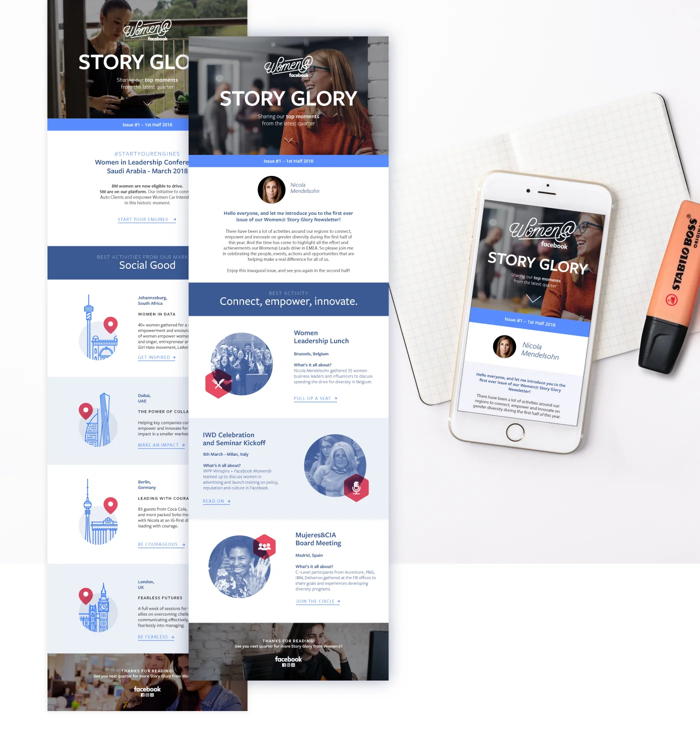  Template design for periodical newsletter of Facebook’s internal women’s initiative Women@. April, 2018. 