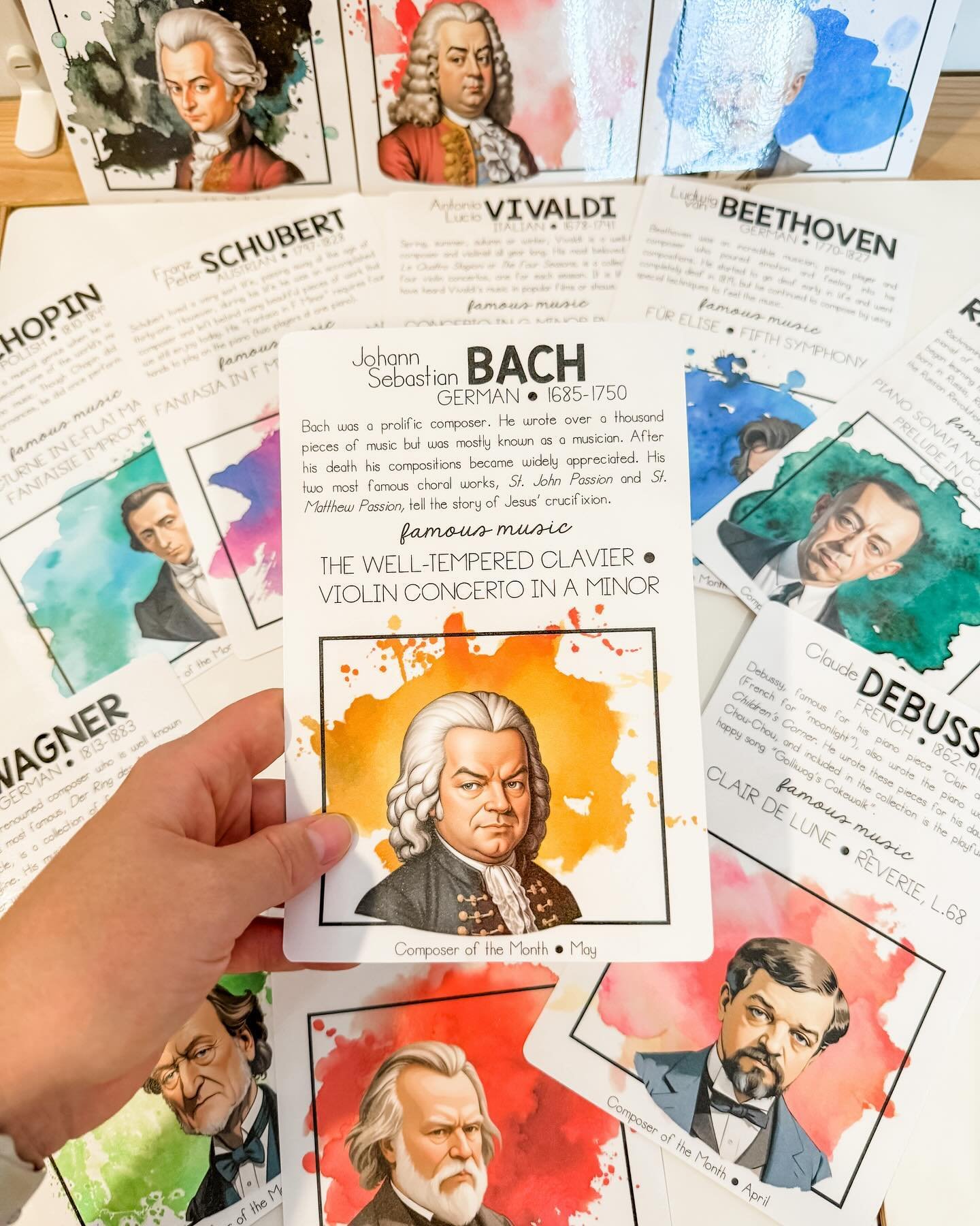 Teach, learn and review famous classical composers with this download of twelve famous composer cards.

Each card contains information about the musician, their image, and a few popular pieces of music they composed. 

Perfect for Montessori schools,