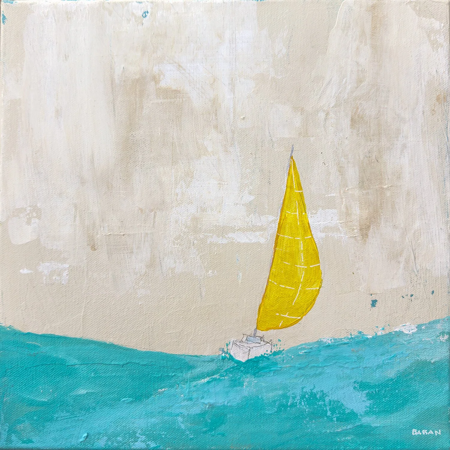Sailboat Painting with Yellow Sail | Seascape Art