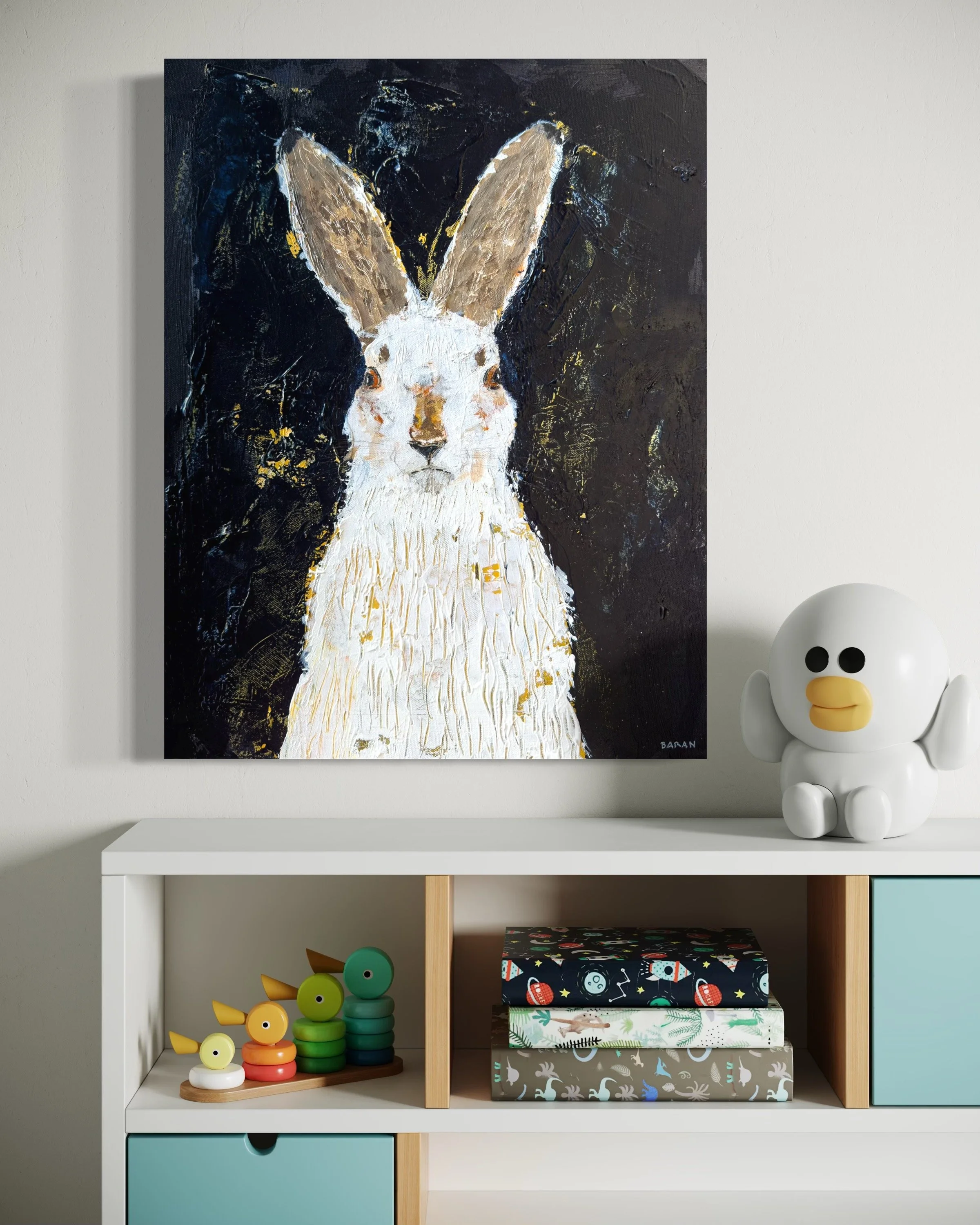 Acrylic mountain hare painting in a modern children's room by contemporary artist John Baran.