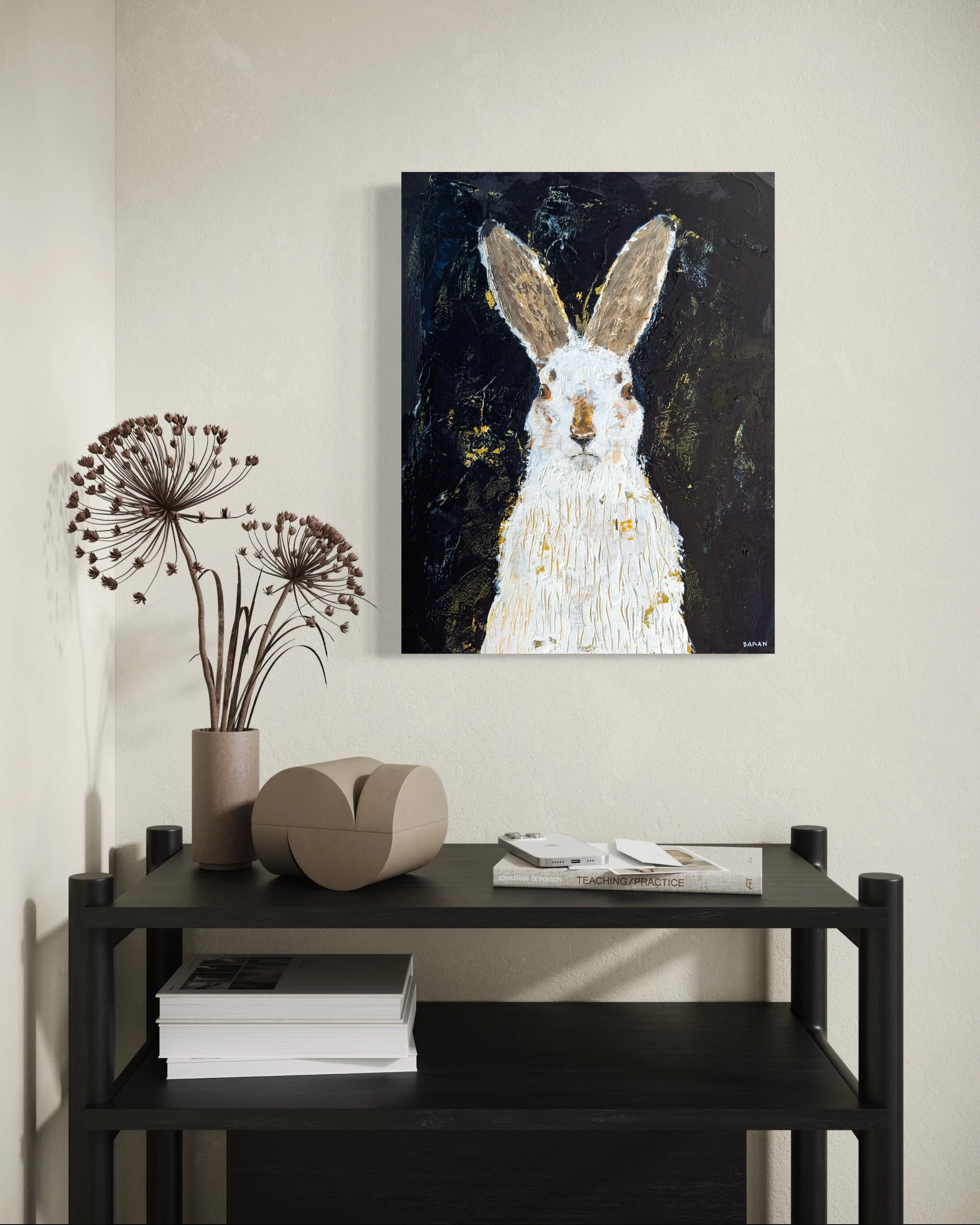 Mountain hare painting highlighting fur texture and expression by John Baran.