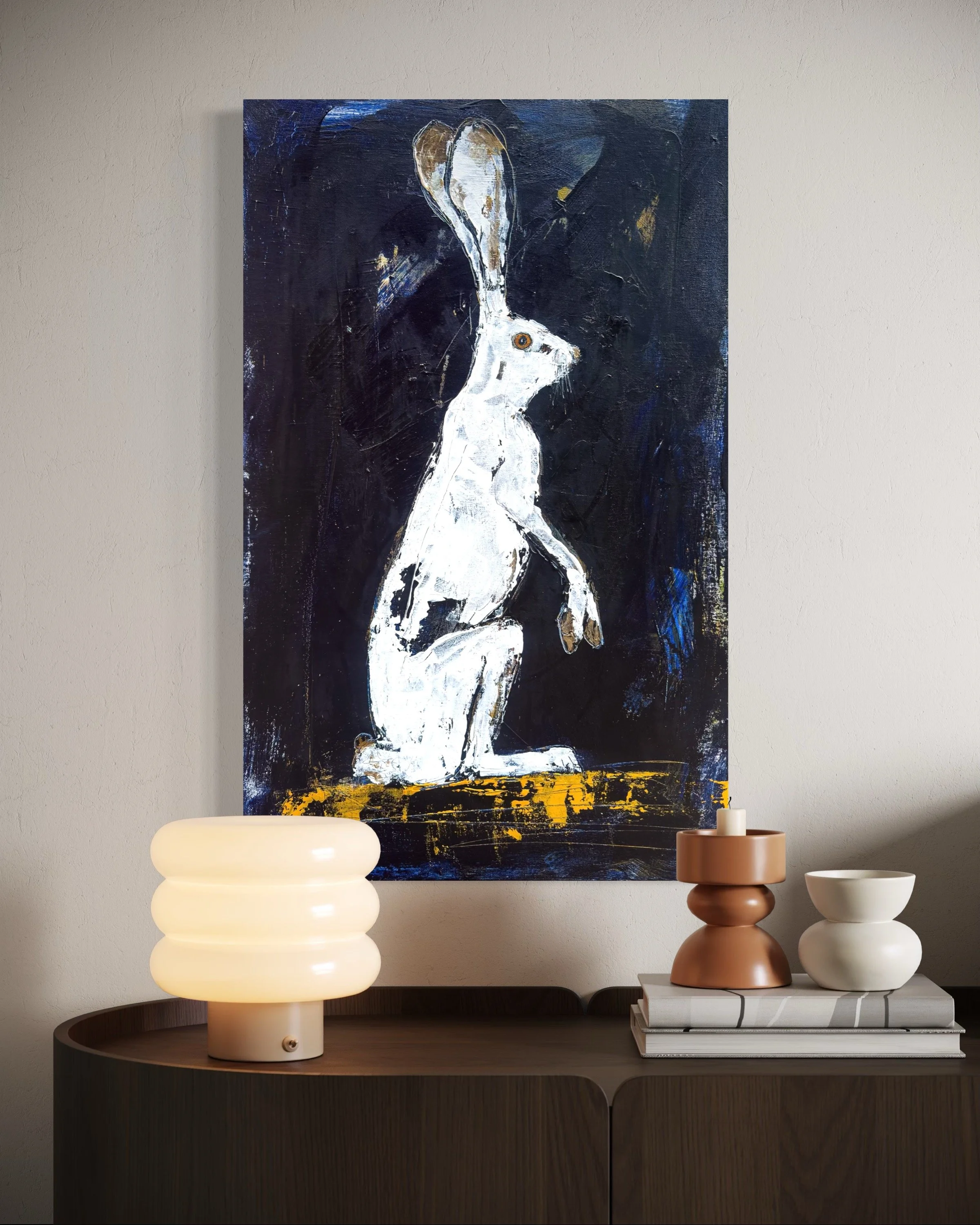 White hare acrylic wildlife art by John Baran  hung above living room furniture