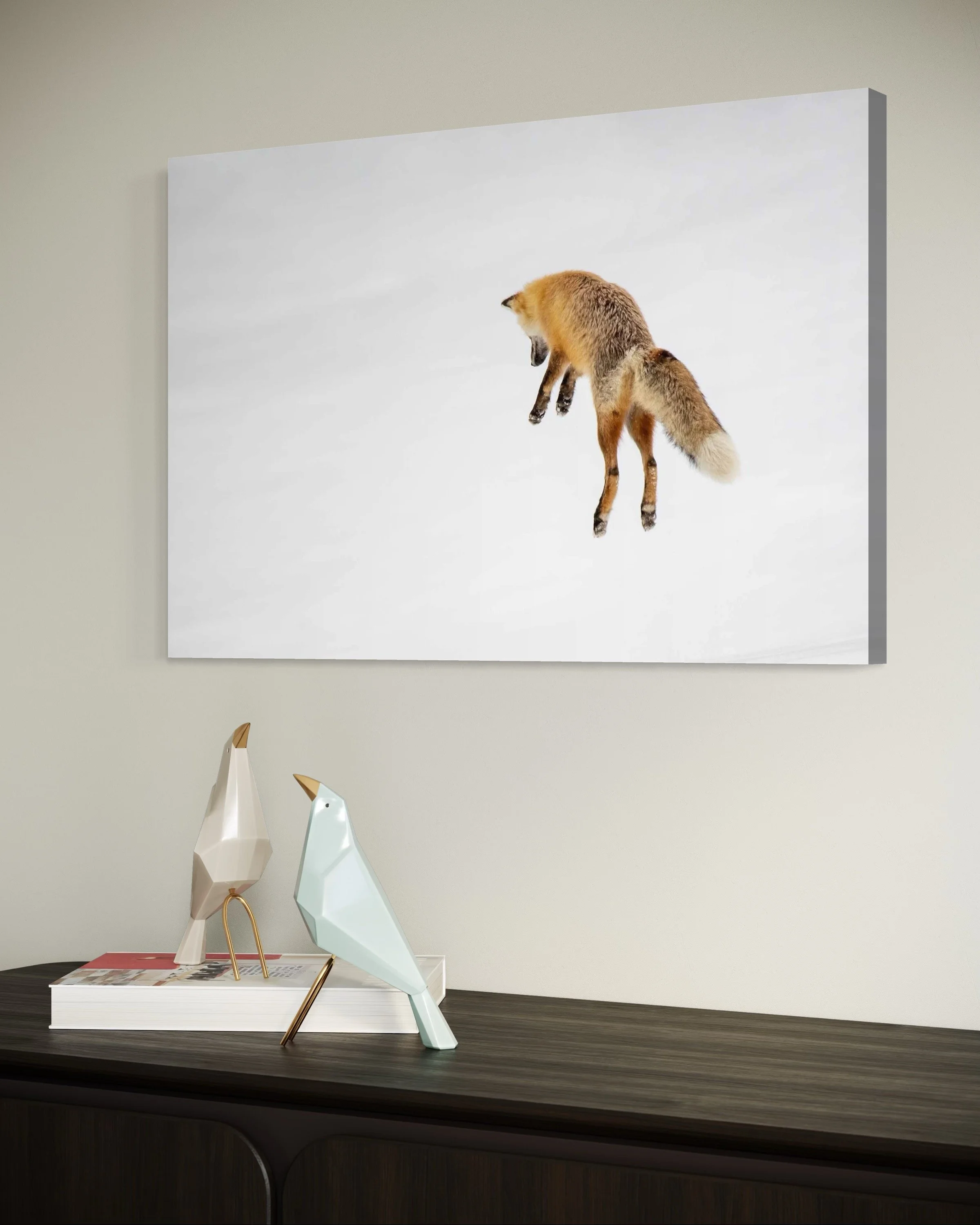 Photo of cute red fox in Yellowstone National displayed in contemporary bedroom.