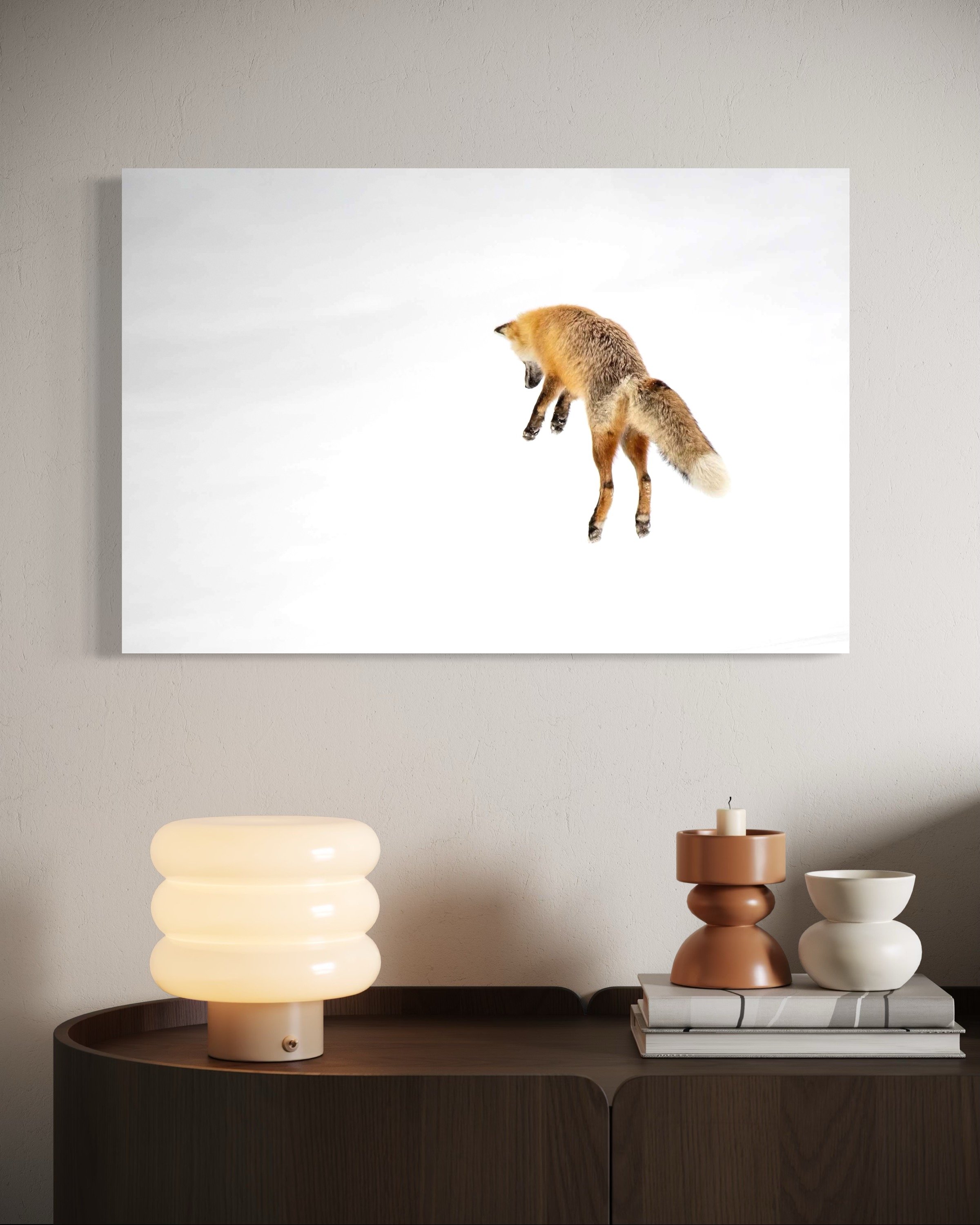 Photo of cute red fox in Yellowstone National displayed in contemporary living room with natural light.