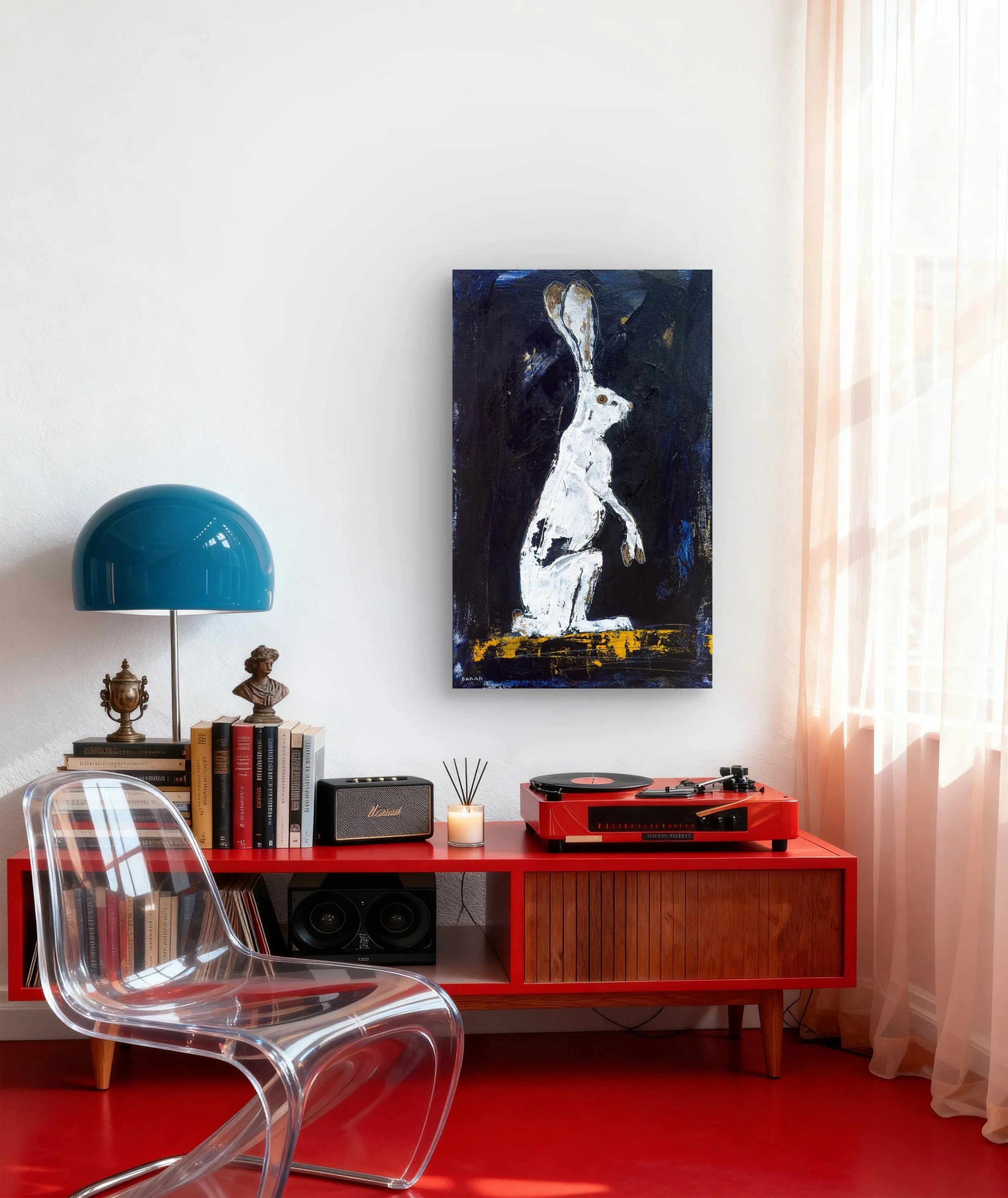 White hare acrylic wildlife art hung above book shelf